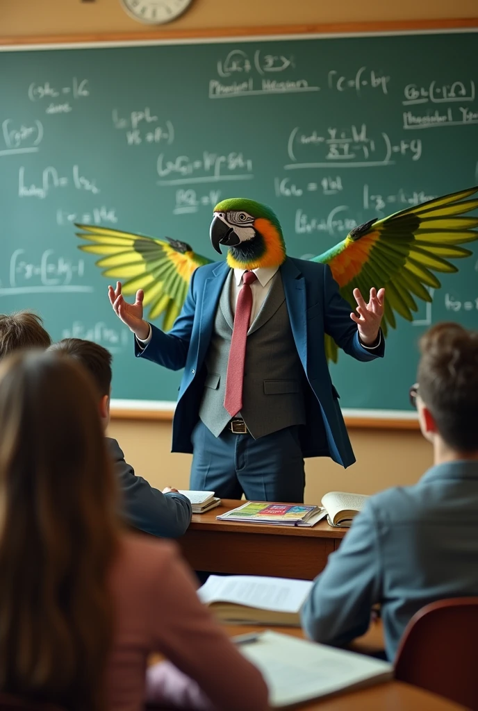 A parrot, the parrot is the teacher, He's in a suit and tie, his arms are his wings, like Zé carioca, he is a university professor and is in a classroom teaching foolish young humans. On the whiteboard there are several physics formulas. It's not a macaw, it's a parrot!