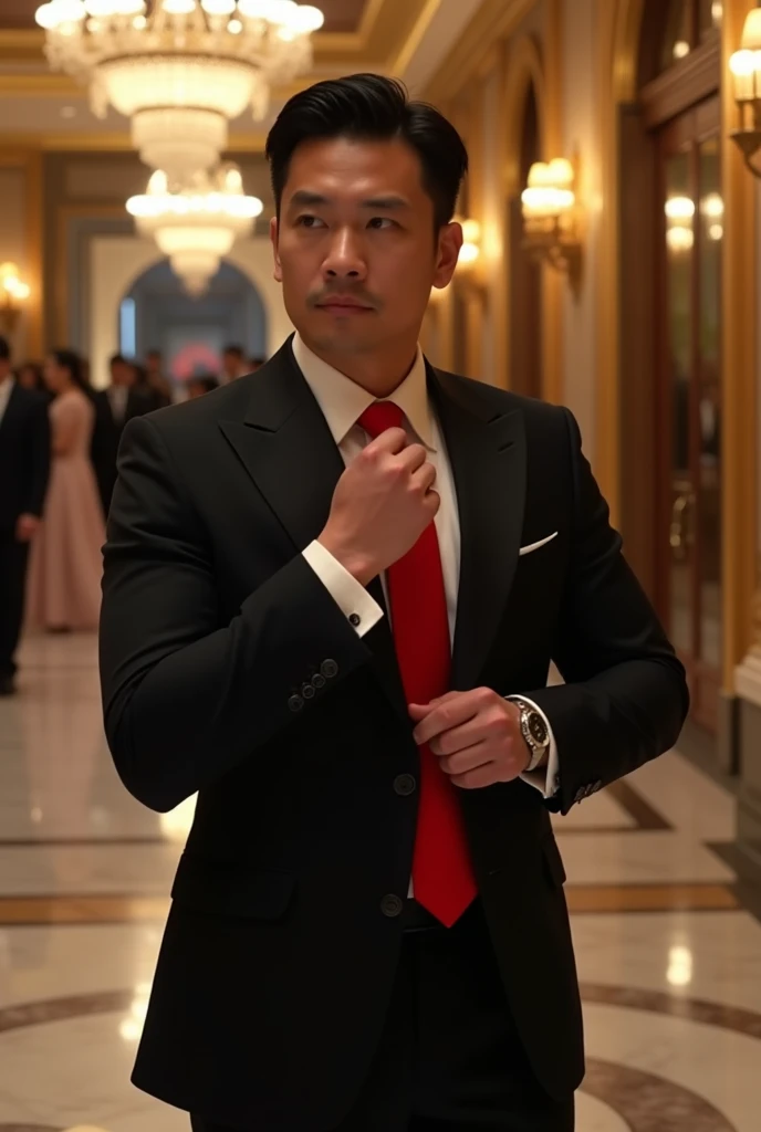 30 YEARS OLD, MAN OF ASIA, WEARING BLACK TUXEDO WITH RED TIES
