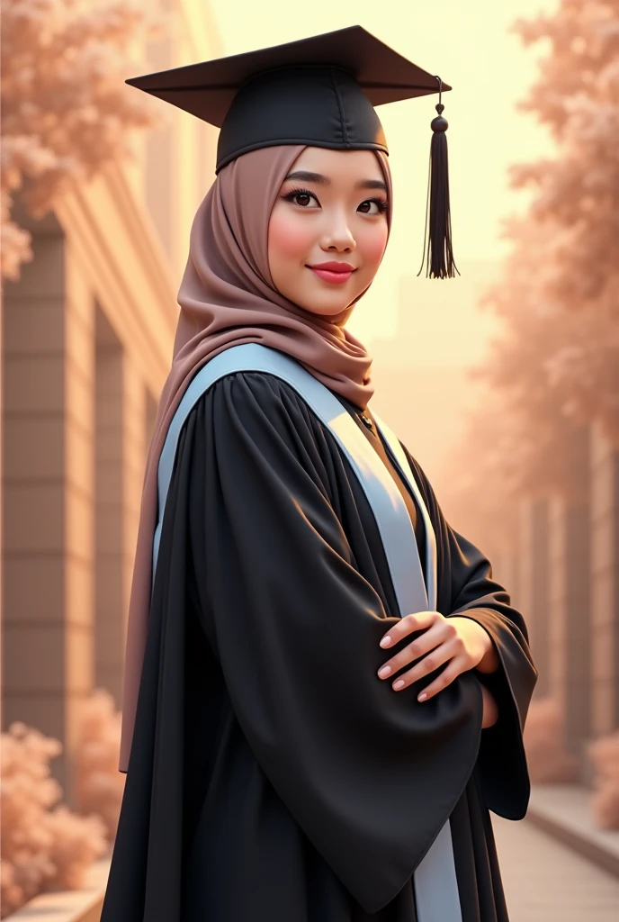 Consept art photography, fan art photography, a women, wearing hijab, pastel brown hijab, wearing black graduation hat, Wearing black graduation gown, wearing pastel blue graduation hood, wearing black shoes, 155 cm tall, pastel brown theme background, Standing pose, leaf effect background, university background, pastel brown lighting effect,bright results, perfect pose, kawaii design theme