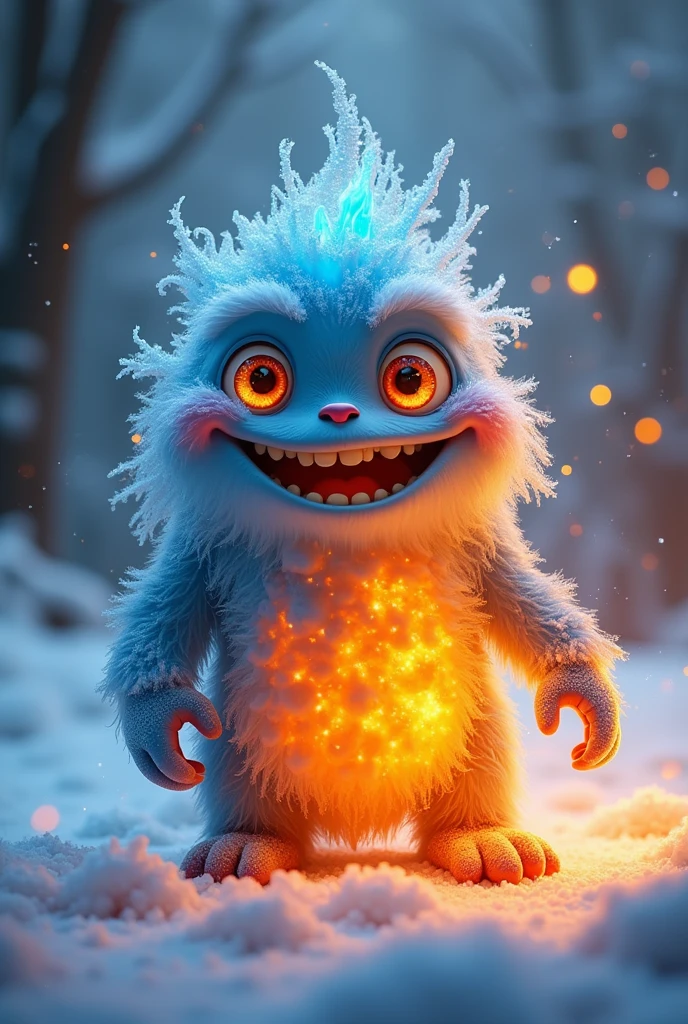Friendly smiling monster made of ice and fire