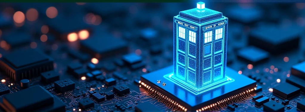 for the cover of LinkedIn a concept of something technological that is part of computer engineering, applying something futuristic and innovative bringing the idea of speed, no character in the picture, only objects, like chips, motherboards, computers, programming language. place a doctor who tardis on top of a processor as if it were a hologram and the tardis aligned with the processor. makes the tardis clearer, with more definition and within the image frame, just a little shifted to the right. keeping the tardis as a hologram