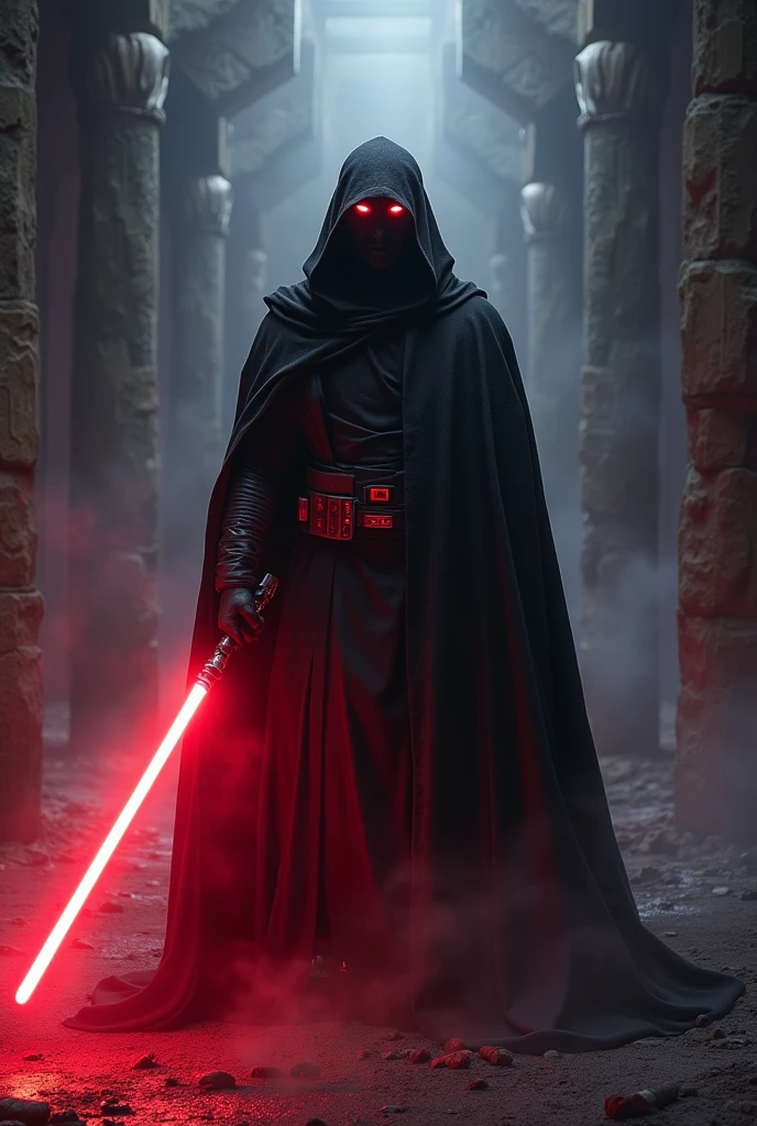 The app Twitch as a Sith Lord from Star Wars, colors of the app, red lightsaber, creepy, scary, ultra-realistic 