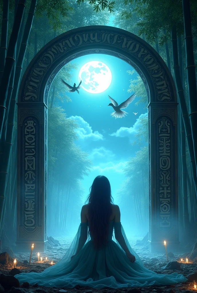  picture of a human sorceress sittings in bamboo forest, opening a large (magical doorway: 1.2), with magical runes on it, looking into the (heavens: 1.3), fantasy art, RPG art, an epic beautiful human woman (best details, Masterpiece, best quality), ultra detailed face (best details, Masterpiece, best quality), dynamic hair color, dynamic hair style, dynamic eyes color, dynamic dress (best details, Masterpiece, best quality), bamboo, the magical doorway opens into the heavens and you can see angels flying, glowing arcane sigils GlowingRunes_paleblue, fantasy bamboo forest at night, moon light, moon rays, stars, Ultra-high resolution, High Contrast, (masterpiece:1.5), highest quality, Best aesthetics), 16K fantasy art, best details, best quality, highres, (ultra wide angle: 1.2), 16k, [ultra detailed], masterpiece, best quality, (extremely detailed), Cinematic Hollywood Film
