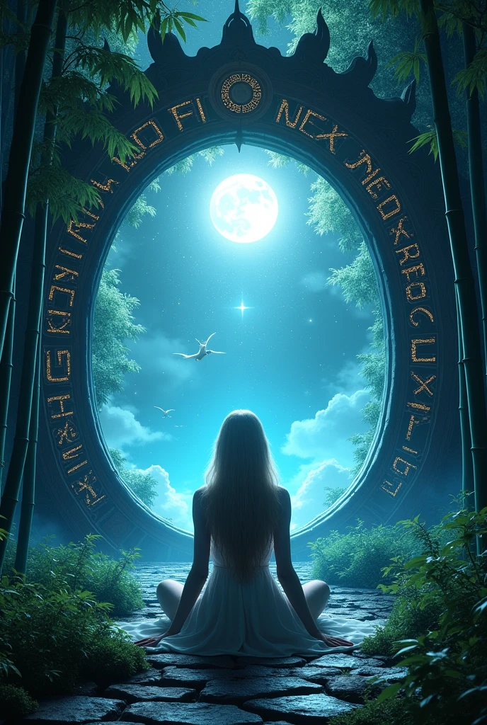  picture of a human sorceress sittings in bamboo forest, opening a large (magical doorway: 1.2), with magical runes on it, looking into the (heavens: 1.3), fantasy art, RPG art, an epic beautiful human woman (best details, Masterpiece, best quality), ultra detailed face (best details, Masterpiece, best quality), dynamic hair color, dynamic hair style, dynamic eyes color, dynamic dress (best details, Masterpiece, best quality), bamboo, the magical doorway opens into the heavens and you can see angels flying, glowing arcane sigils GlowingRunes_paleblue, fantasy bamboo forest at night, moon light, moon rays, stars, Ultra-high resolution, High Contrast, (masterpiece:1.5), highest quality, Best aesthetics), 16K fantasy art, best details, best quality, highres, (ultra wide angle: 1.2), 16k, [ultra detailed], masterpiece, best quality, (extremely detailed), Cinematic Hollywood Film