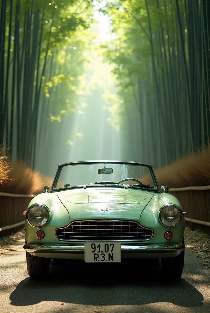8k,RAW photo, ultra high res, realistic photo, Close up image of front grille of an AC Ace convertible, right side seat is driver's seat, British classic car parked on a path in the Arashiyama Bamboo Forest. The car is a pale metallic green, contrasting beautifully with the lush green of the bamboo. The scene should have a cool, tranquil atmosphere with soft natural light filtering through the bamboo. The background features tall, slender bamboo stalks and a gentle mist, creating a serene and dreamlike ambiance.