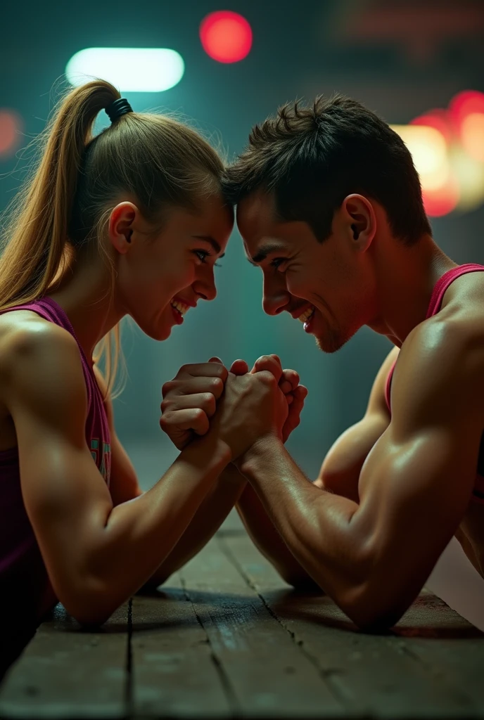 a strong girl with muscular arms, arm wrestling a larger boy, detailed faces, dynamic poses, gritty urban setting, dramatic lighting, cinematic composition, strong contrast, realistic style, HDR, 8K
