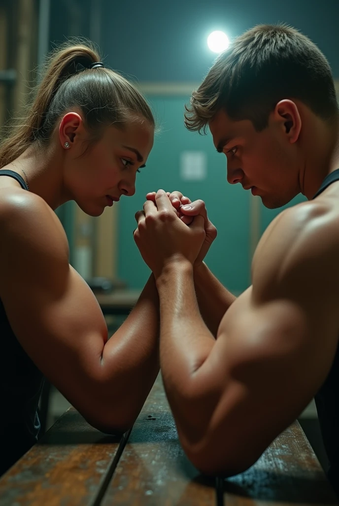 a strong girl with muscular arms, arm wrestling a larger boy, detailed faces, dynamic poses, gritty urban setting, dramatic lighting, cinematic composition, strong contrast, realistic style, HDR, 8K