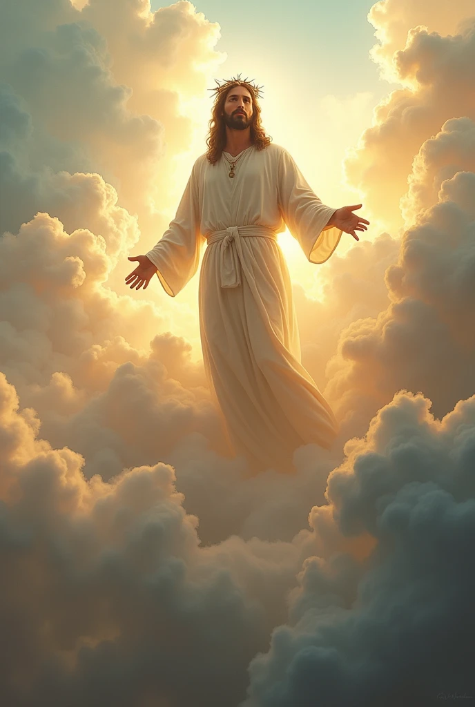"Jesus, crowned with thorns, majestic and serene, stands high in the clouds of heaven. His gaze is one of compassion and wisdom, directed toward the Earth. The scene is enveloped in a heavenly luminosity, with soft clouds and rays of light highlighting His presence. The background is a vast and ethereal sky, conveying a sense of peace and spirituality."