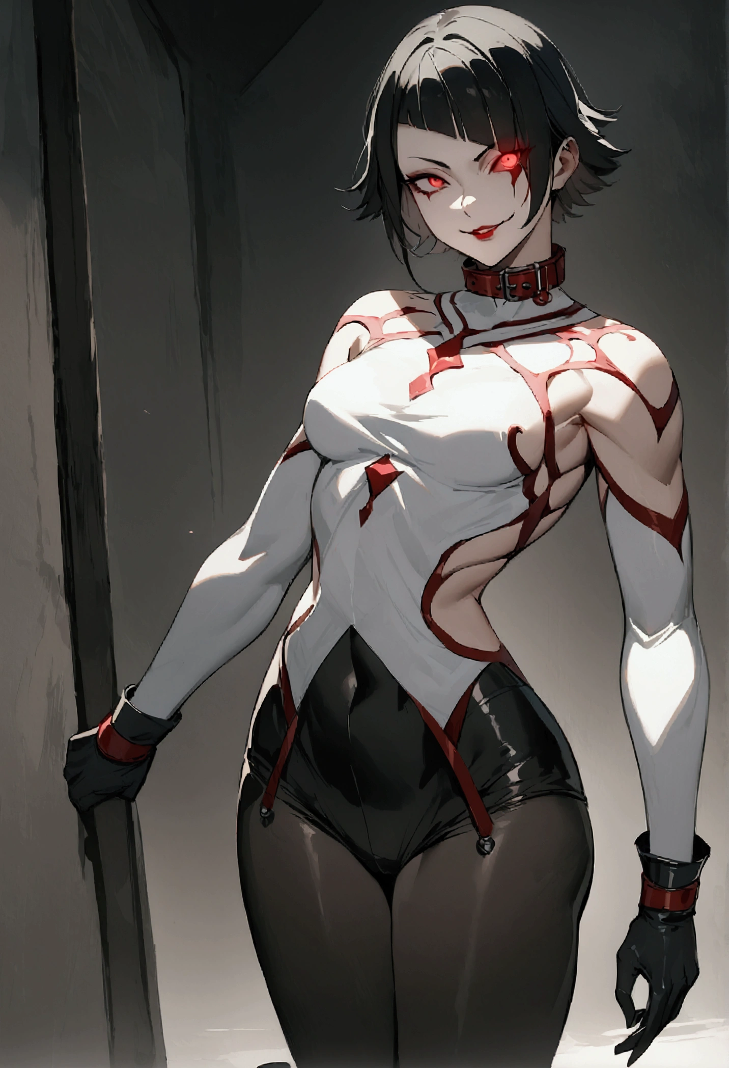fully body,standing,alone,short hair,work of art,face detailed,young fitness linda,Wearing black pantyhose,tight white sweater with collar ,neckleace,evil smile,red eyes glowing,labiaa,eye shadow,bangs on the eyes,black gloves
