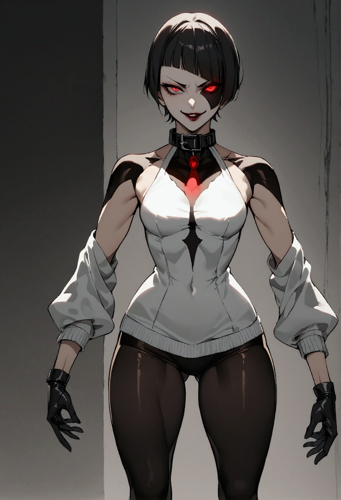 fully body,standing,alone,short hair,work of art,face detailed,young fitness linda,Wearing black pantyhose,tight white sweater with collar ,neckleace,evil smile,red eyes glowing,labiaa,eye shadow,bangs on the eyes,black gloves