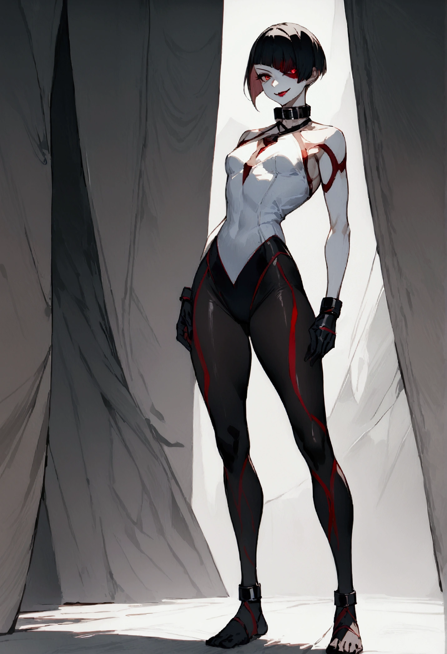 fully body,standing,alone,short hair,work of art,face detailed,young fitness linda,Wearing black pantyhose,tight white sweater with collar ,neckleace,evil smile,red eyes glowing,labiaa,eye shadow,bangs on the eyes,black gloves
