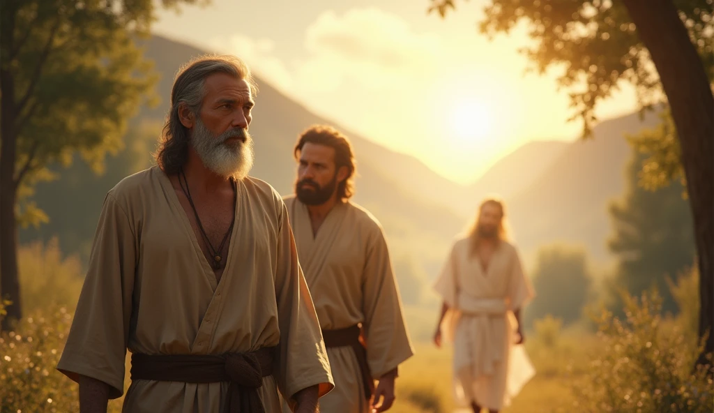Create a realistic and serious image that depicts Enoch walking alongside God, as described in the biblical passage. Enoch must be presented as a mature looking man, with expressions of reverence and contemplation. He is dressed in simple clothes, that reflect the ancient era, and his gaze reflects a deep spiritual connection.

God must be represented in a way that conveys majesty and calm., perhaps as a soft light or a figure wrapped in an ethereal cloak, without excessive details, to keep the focus on the relationship between the two. The setting must be a natural landscape, with trees and mountains in the background, in soft, earthy tones, avoiding vibrant colors for a more serious and contemplative atmosphere. Sunlight should penetrate gently through the leaves, creating a sense of peace and divinity.

This image will be used for a video on YouTube, so it is important that the composition is clear and impactful, but not overly illustrated, maintaining an aesthetic that conveys serenity and spirituality.