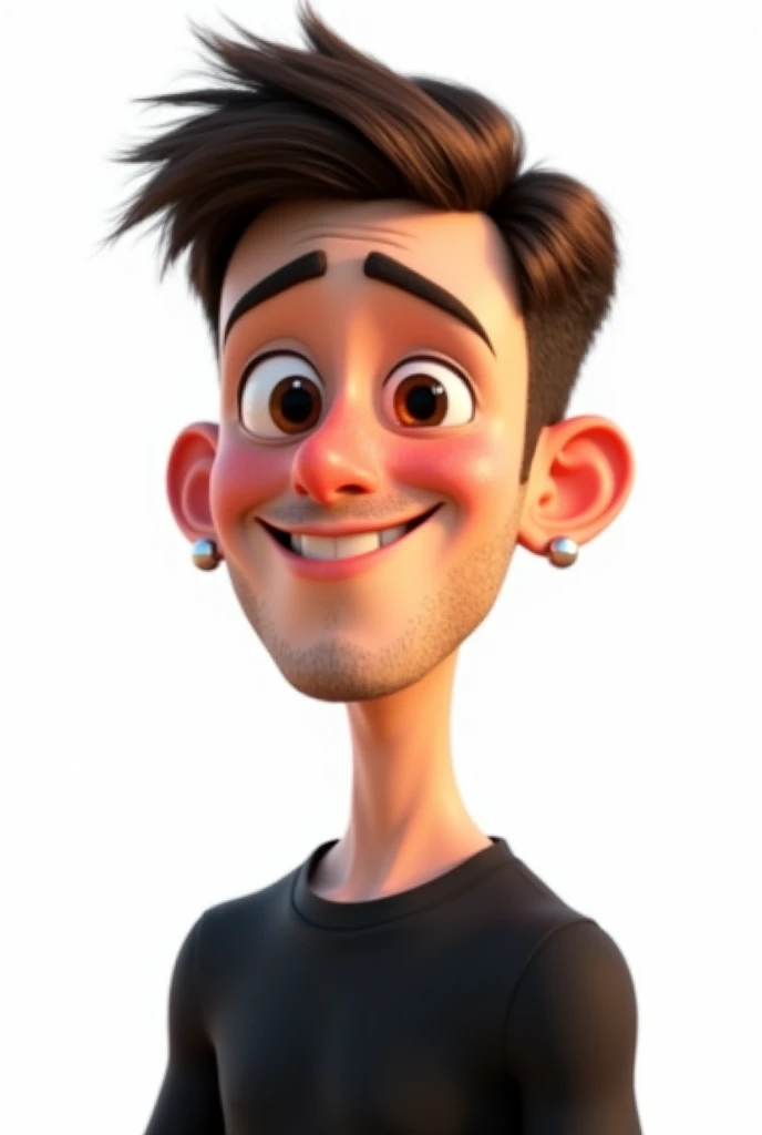 create a pixar-style 3d image with a clean white background of a 33 year old man , beardless white skin , Brown eyes , Short barber style haircut with small round earrings in the ear and a black t-shirt looking half-profile with a funny expression 

