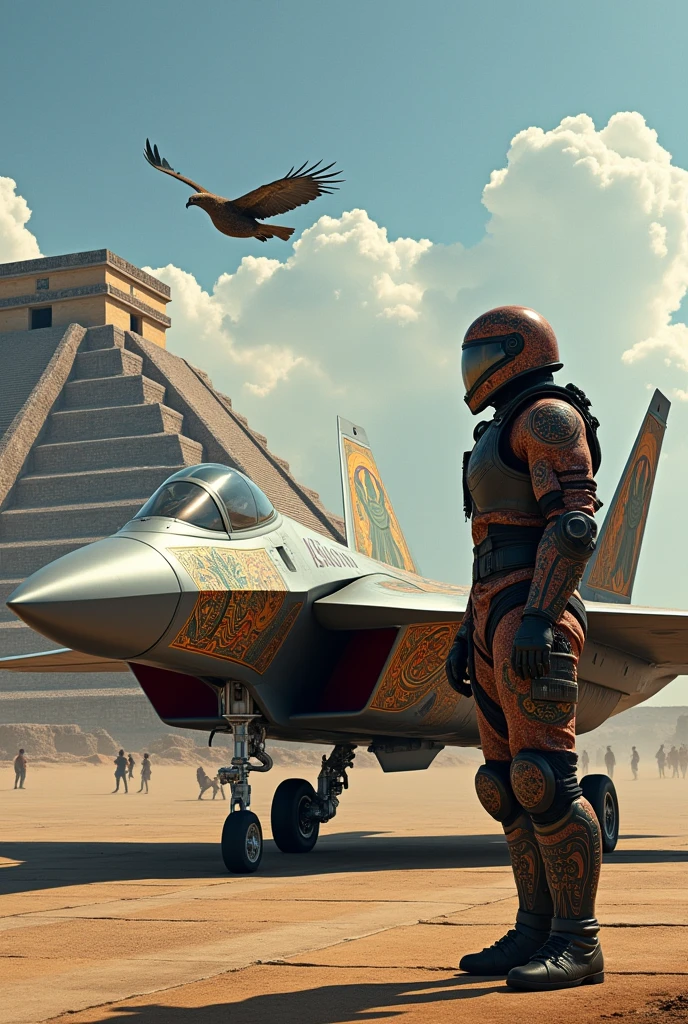  f22 raptor aircraft seen from the side with aztec empire motifs, with the legend Aztec legion, Pilot standing to the side with modern armor with pre-Hispanic Mayan motifs, Aztec city in the background and flying eagle
