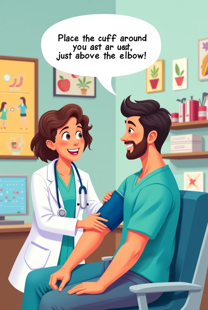 The character is placing the sphygmomanometer cuff around the patient's arm, just above the elbow. The speech bubble says: "Place the cuff around your arm, just above the elbow." cartoon