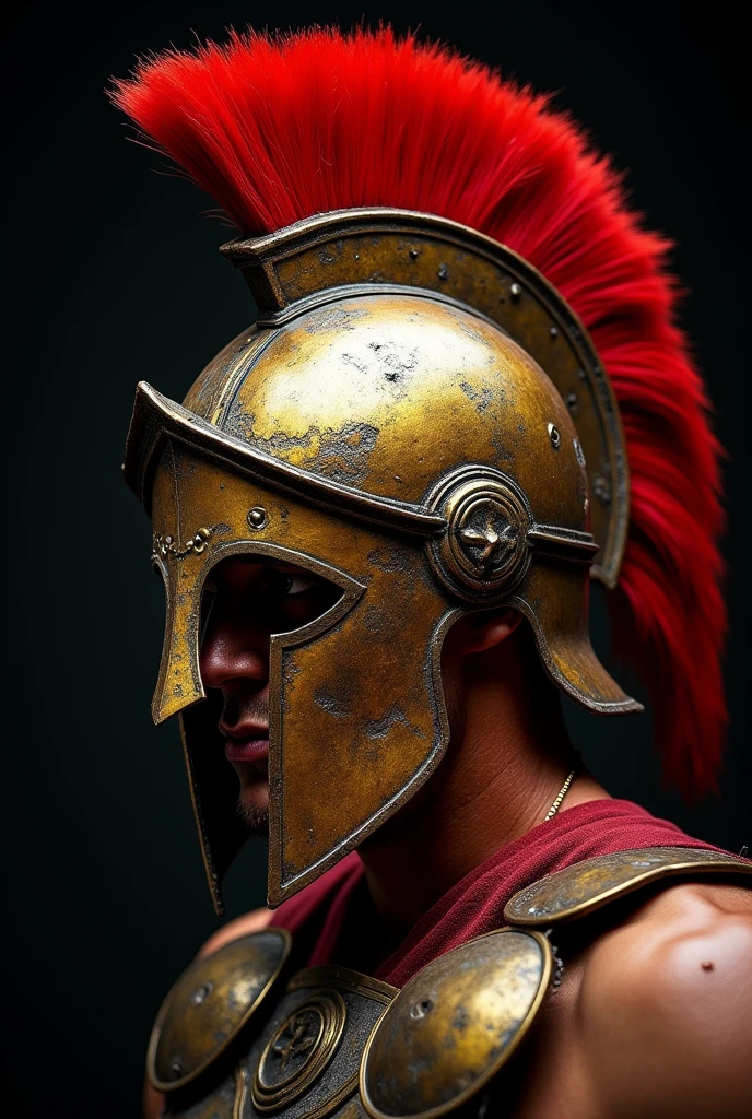 A gladiator's war helmet, robust and exudes the masculinity of a warrior, the dark gold colored helmet and a red mohawk with battle marks