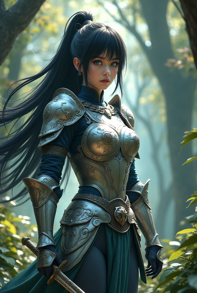 Kaome Higurashi, a brave warrior in silver armor, black hair with blue eyes, with a turgid and beautiful body