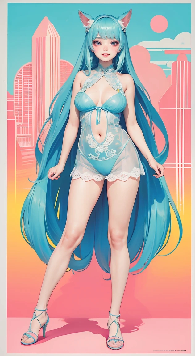 (masterpiece, Highest quality), whole body, Pastel blue long straight hair, Blue rabbit ears, Asymmetrical bangs, Intricate lace lingerie, Perfect Face, Beautiful Face, Short eyebrows:1.4, Thin eyebrows:2.2, Fascinating, Big beautiful eyes, Large Breasts, A kind smile, Perfect slim fit body, Standing pose, Contrasting, Beachside, Luxury Bedroom, Bright colors, (RISOGRAPH), Arms behind your back,