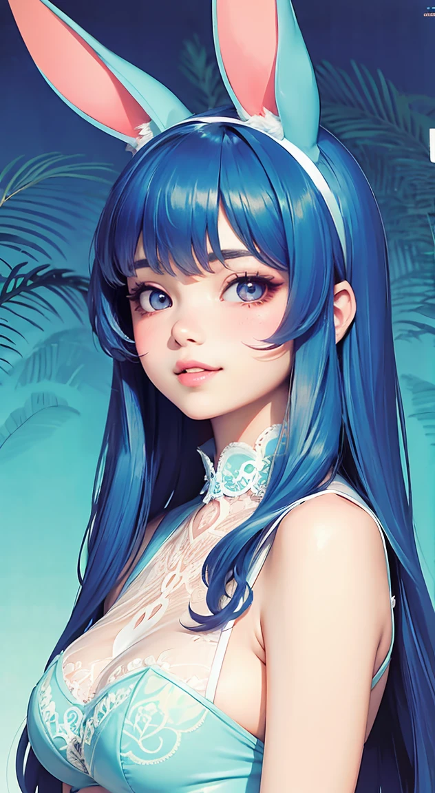 (masterpiece, Highest quality), whole body, Pastel blue long straight hair, Blue rabbit ears, Asymmetrical bangs, Intricate lace lingerie, Perfect Face, Beautiful Face, Short eyebrows:1.4, Thin eyebrows:2.2, Fascinating, Big beautiful eyes, Large Breasts, A kind smile, Perfect slim fit body, Standing pose, Contrasting, Beachside, Luxury Bedroom, Bright colors, (RISOGRAPH), Arms behind your back,