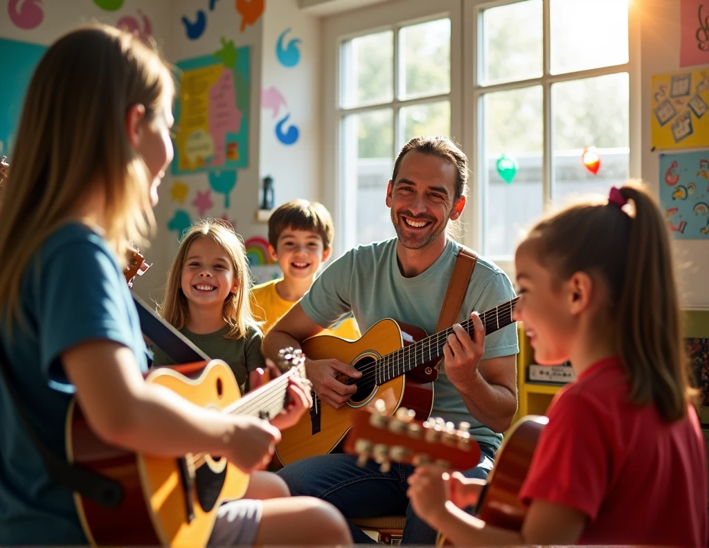 Several children with their guitars, with a teacher teaching how to play the guitar