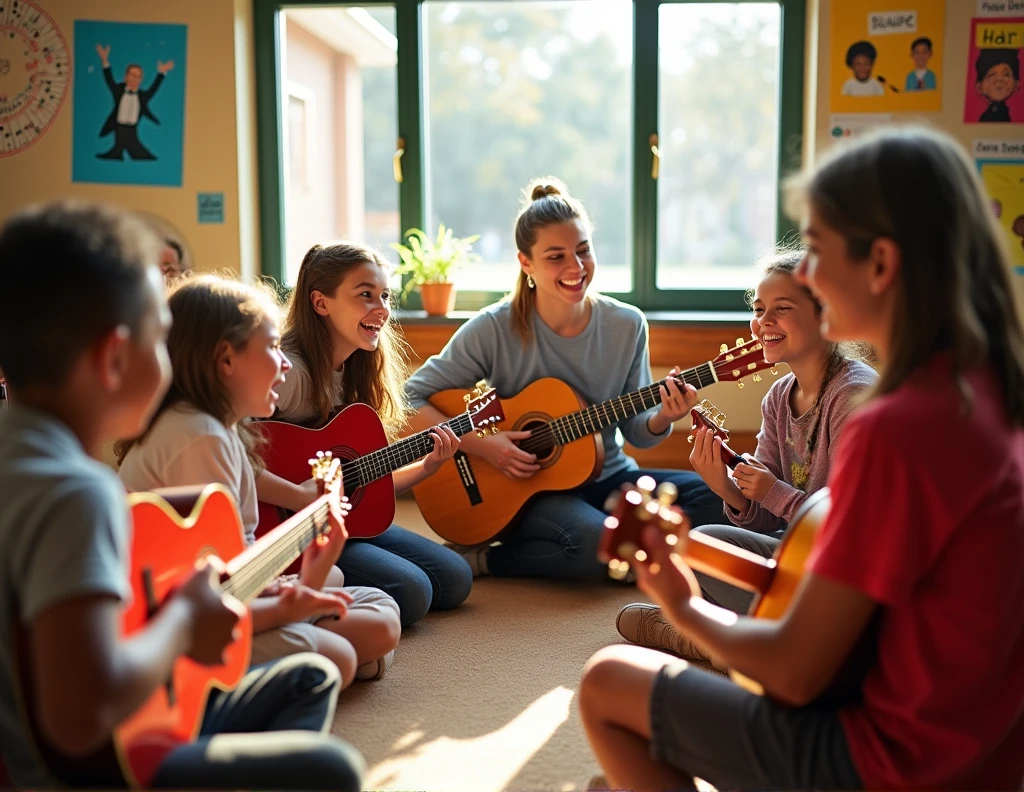 Several children with their guitars, with a teacher teaching how to play the guitar
