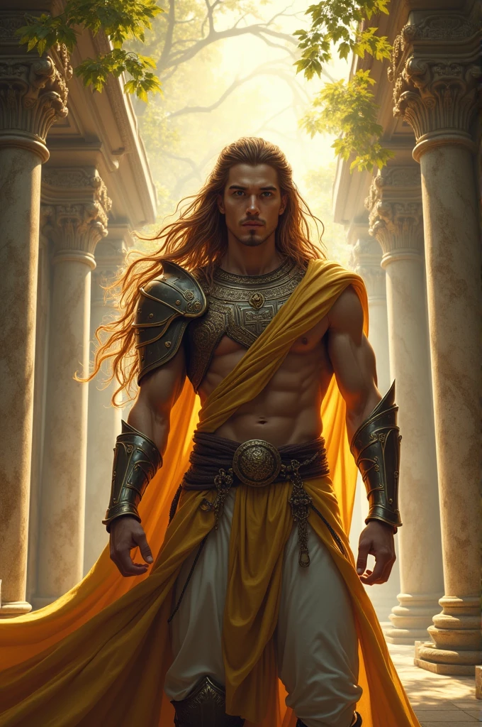 make me an oc of knights of the zodiac gender: male skin: catira hair: brown with golden streaks on the bottom: In the sanctuary pose: greeting