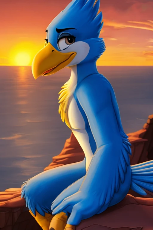 Anthropomorphic blue bird, large yellow beak with orange, sitting on a cliff looking at the sunset, animation