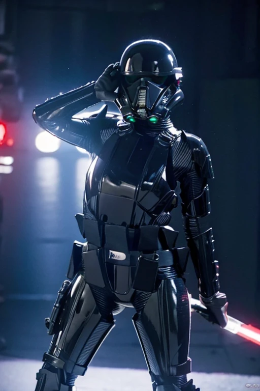 teen girl, star wars Deathtrooper, big thighs  teen, with helmet, doing  pose