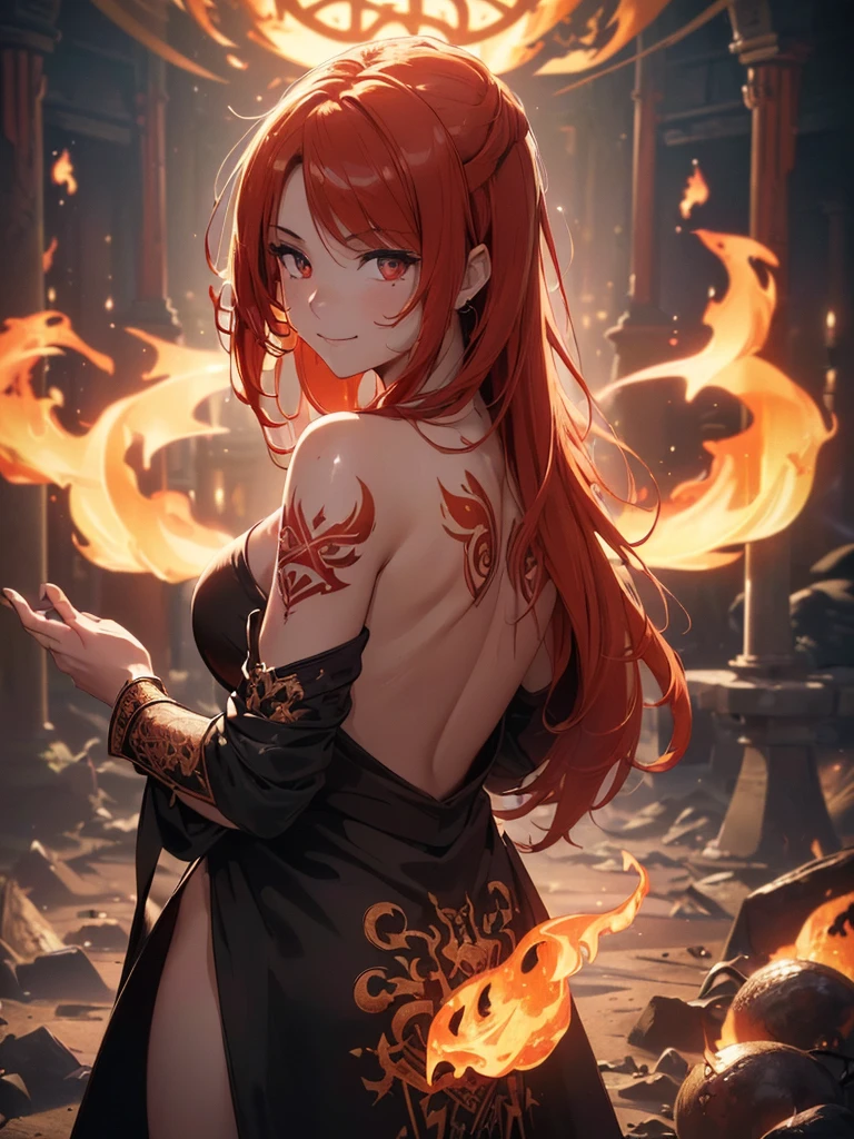 (((best quality, sharp image, clear image, cinematic lighting, 8k resolution, masterpiece, ultra detailed, intricate))) Girl, (((looking over left shoulder))), (shot from behind), fire mage, ((intricate background)), ((chaotic background)), red hair, smiling, ((flame runes, flame sigils)), (tatoo on back), slime figure, flying sigils