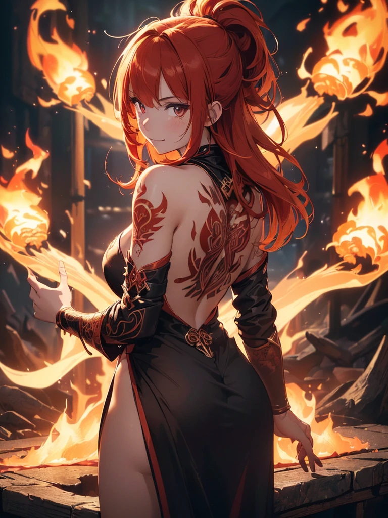 (((best quality, sharp image, clear image, cinematic lighting, 8k resolution, masterpiece, ultra detailed, intricate))) Girl, (((looking over left shoulder))), (shot from behind), fire mage, ((intricate background)), ((chaotic background)), red hair, smiling, ((flame runes, flame sigils)), (tatoo on back), slime figure, flying sigils
