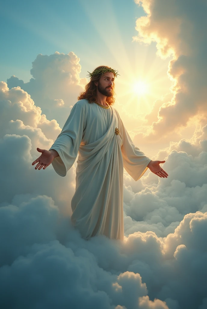 "Jesus, crowned with thorns, majestic and serene, stands high in the clouds of heaven. His gaze is one of compassion and wisdom, directed toward the Earth. The scene is enveloped in a heavenly luminosity, with soft clouds and rays of light highlighting His presence. The background is a vast and ethereal sky, conveying a sense of peace and spirituality."