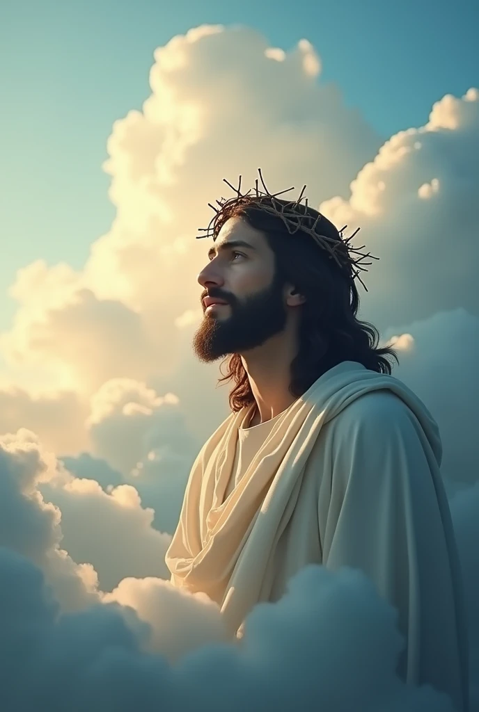 "Jesus, crowned with thorns, majestic and serene, stands high in the clouds of heaven. His gaze is one of compassion and wisdom, directed toward the Earth. The scene is enveloped in a heavenly luminosity, with soft clouds and rays of light highlighting His presence. The background is a vast and ethereal sky, conveying a sense of peace and spirituality."