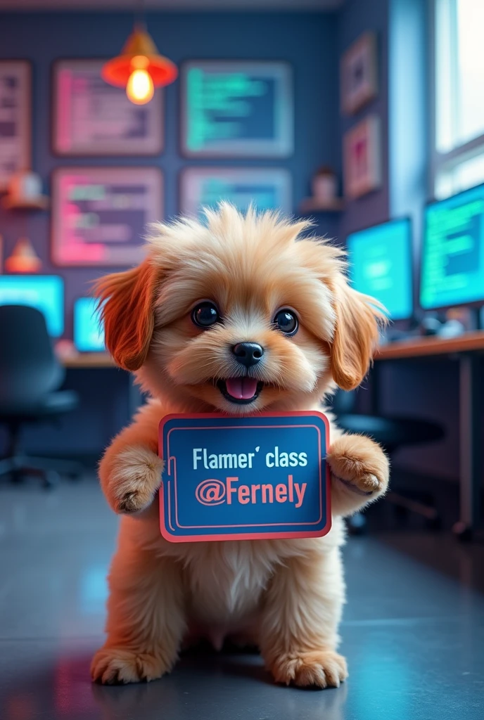 Baby dog holding a sign that says "Teacher's class @Fernely" with a Computer Science background