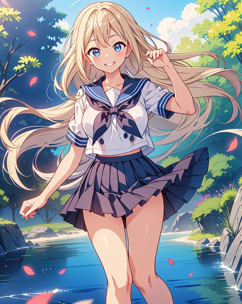 Highest quality, 32K, High resolution, masterpiece:1.5, A cute Japanese, Cute anime-style illustration, Rich emotional expression, An exceptionally beautiful face, , Perfect Human Anatomy, Big light blue eyes, Motherhood and generosity, Deep Love, Wake up, Expressing emotions, Have a rich imagination, Cute Japan, Perfect Human Anatomy, Magical big eyes, Motherhood and generosity, Deep Love, ((A mischievous smile:1.6)), Shiny Blonde, Super long straight silk hair swaying in the wind, Asymmetrical bangs, Hair between the eyes, Transparent, soft white skin, Sharp eyebrows, Thin lashes, Natural Makeup, Cheek highlighter, Detailed and cute lips, (Short-sleeved sailor uniform:1.3), ((Navy blue pleated skirt:1.3)), Slim figure with ample breasts, Beautifully detailed skies, ((Vibrant petal effect:1.2)), mysterious