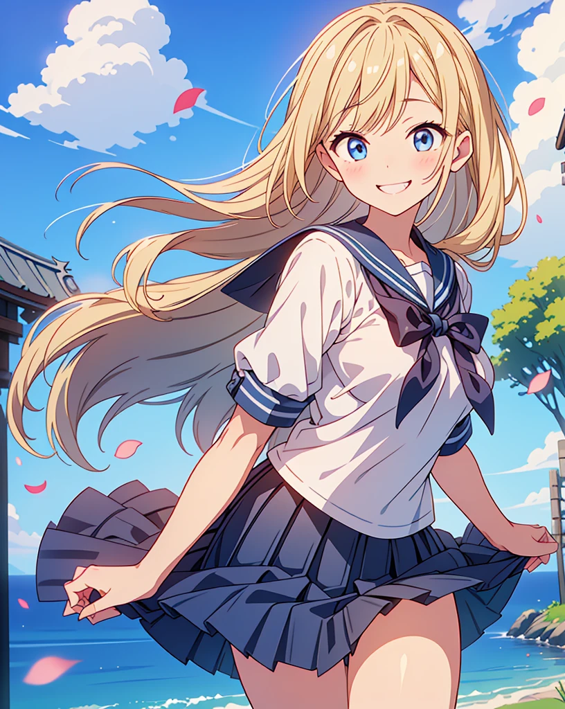 Highest quality, 32K, High resolution, masterpiece:1.5, A cute Japanese, Cute anime-style illustration, Rich emotional expression, An exceptionally beautiful face, , Perfect Human Anatomy, Big light blue eyes, Motherhood and generosity, Deep Love, Wake up, Expressing emotions, Have a rich imagination, Cute Japan, Perfect Human Anatomy, Magical big eyes, Motherhood and generosity, Deep Love, ((A mischievous smile:1.6)), Shiny Blonde, Super long straight silk hair swaying in the wind, Asymmetrical bangs, Hair between the eyes, Transparent, soft white skin, Sharp eyebrows, Thin lashes, Natural Makeup, Cheek highlighter, Detailed and cute lips, (Short-sleeved sailor uniform:1.3), ((Navy blue pleated skirt:1.3)), Slim figure with ample breasts, Beautifully detailed skies, ((Vibrant petal effect:1.2)), mysterious