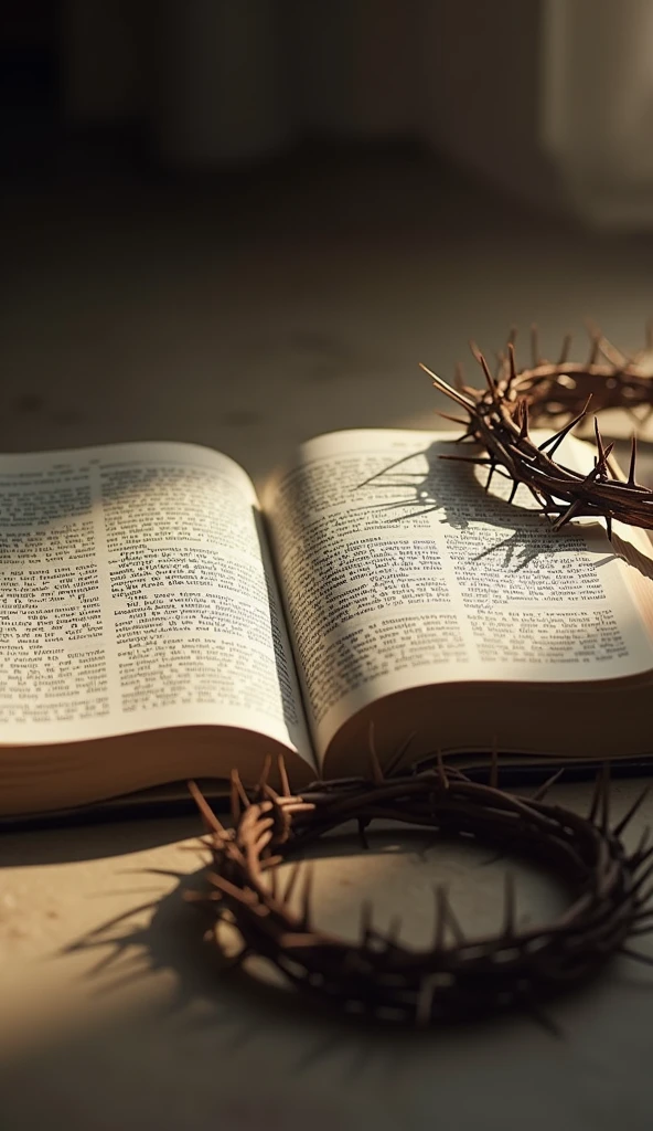 "Create an image with an open Bible in the foreground on a simple, neutral surface. Next to the Bible, position a crown of thorns so that it appears to rest gently on the surface. Lighting should be soft and focused to highlight the texture of both objects., creating a subtle contrast between the softness of the Bible and the harshness of the crown of thorns. The overall atmosphere of the image should convey a feeling of reverence and reflection.."