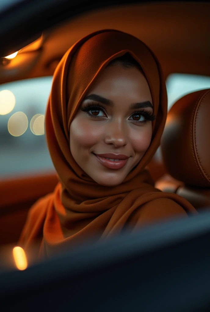 A light-skinned woman wearing a hijab, With plump lips and big eyes, she is in the car looking at the camera with a seductive face