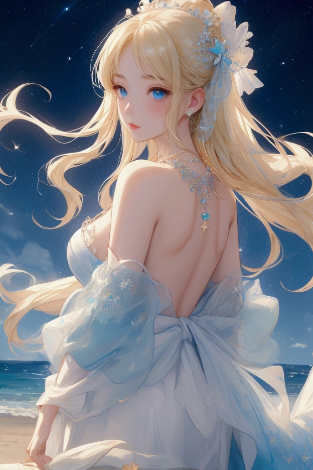 (masterpiece、Highest quality、8k、High resolution)、(The best beautiful girl)、Best Style、(The most beautiful face)、Clear skin、Clean blue eyes、Beautiful lips、Beautiful nose、Blonde Hair、Ample breasts、Walking on the sand、look back、The line of the buttocks is round and beautiful.、Ocean、You can see the forest、A bright night with stars visible、Beautiful starry sky、milky way、(体whole bodyから神秘的な光の粒子、Colorful Light)、The face looks beautiful、(jewelry、necklace)、dress、(whole body)、Highly detailed anime art、A complete portrayal、