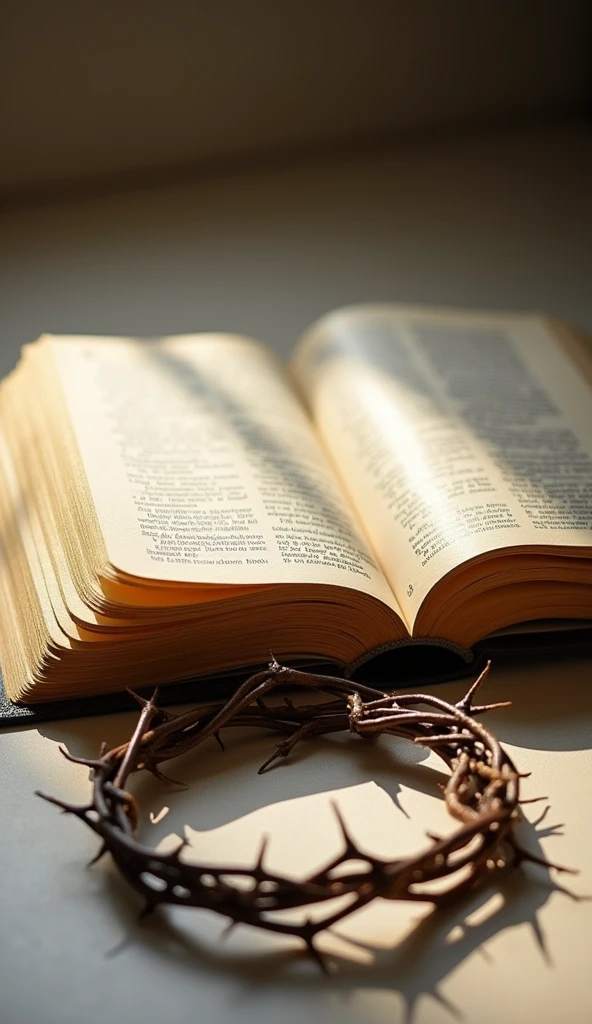 "Create an image with an open Bible in the foreground on a simple, neutral surface. Next to the Bible, position a crown of thorns so that it appears to rest gently on the surface. Lighting should be soft and focused to highlight the texture of both objects., creating a subtle contrast between the softness of the Bible and the harshness of the crown of thorns. The overall atmosphere of the image should convey a feeling of reverence and reflection.."