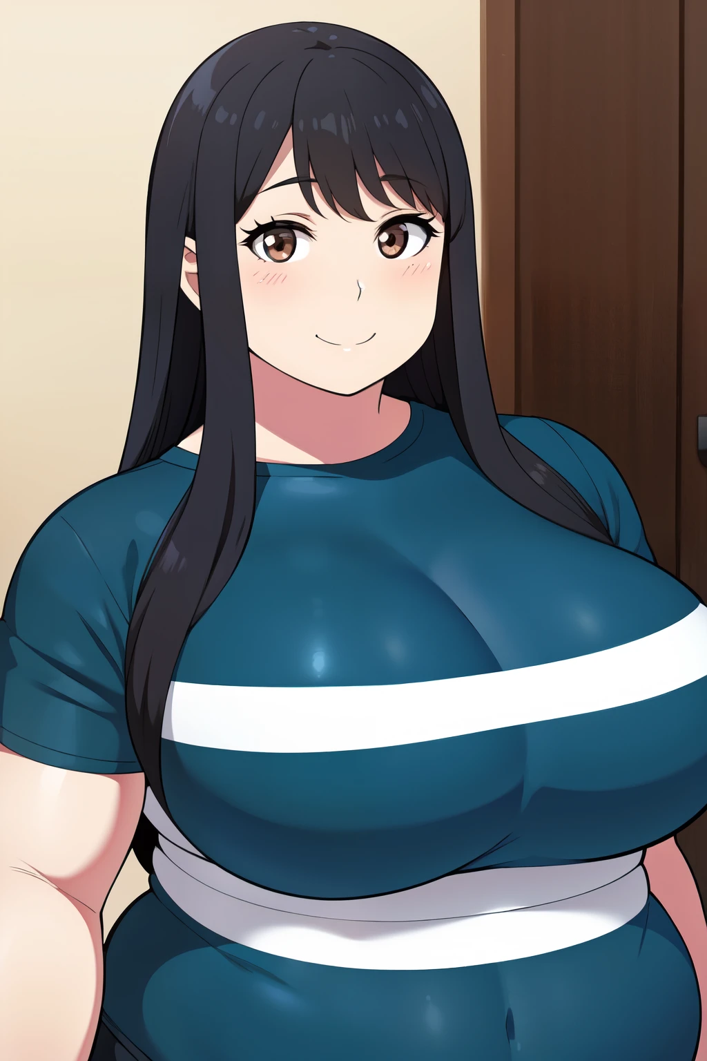 Plump  21 big breasts black hair brown eyes happy longer hair smile blushing deredere 