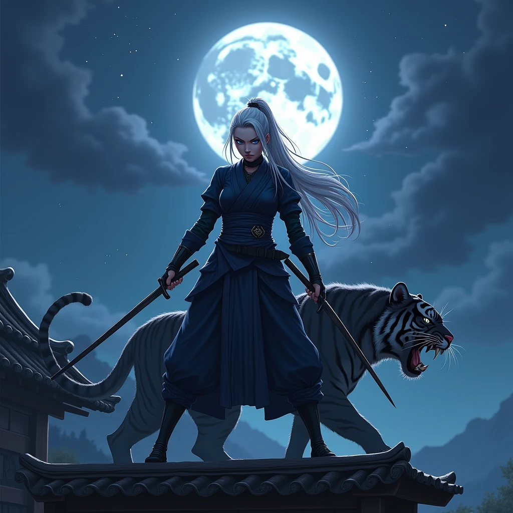 Silver haired kunoichi, blue eyes with aggressive stance wielding dual ninja-to wearing black and dark blue Japanese ninja armor on Japanese castle roof against night sky and shadow of black tiger 