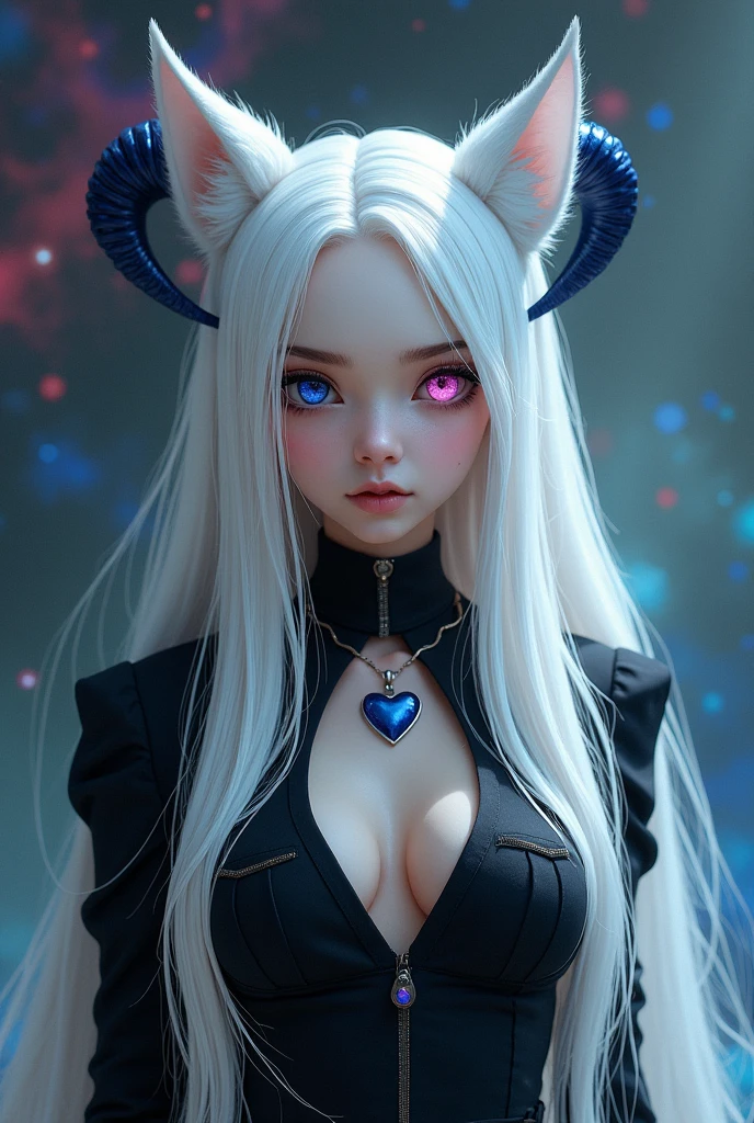 Caucasian skin, one dark blue eye and one pink eye, a blue horn and a pink horn on the head, long white hair, White fox ears on the head, wearing a tight black shirt, a heart necklace around the neck
