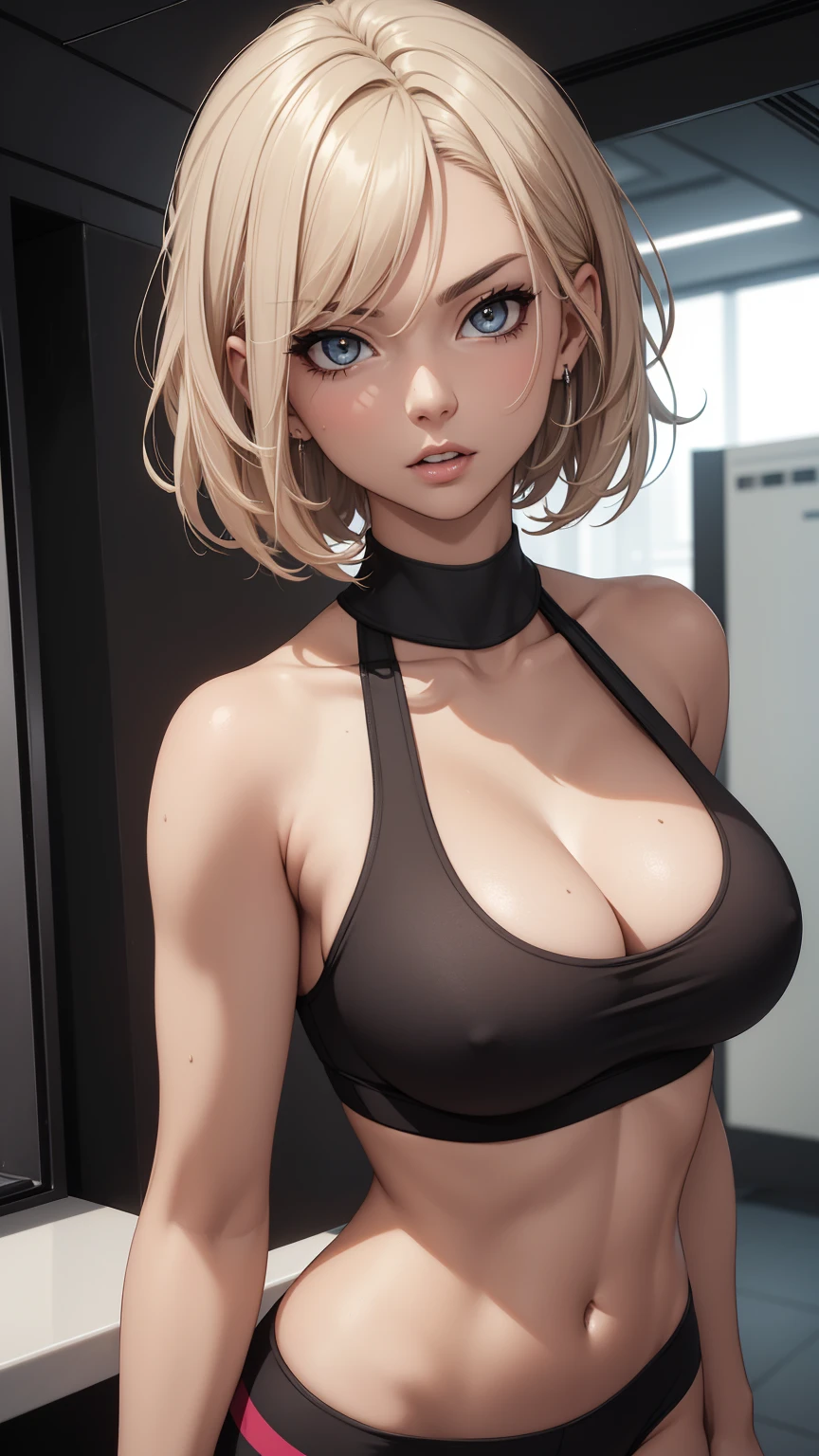 Sexy, cool, young woman, bob hair, killer looks, sexy sports bra top, cleavage, perfect breasts, professional makeup, cool expression, charismatic, stunning, sensual, sexual