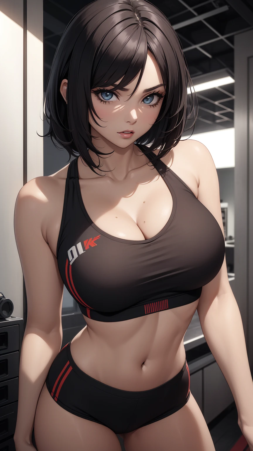 Sexy, cool, young woman, bob hair, killer looks, sexy sports bra top, cleavage, perfect breasts, professional makeup, cool expression, charismatic, stunning, sensual, sexual