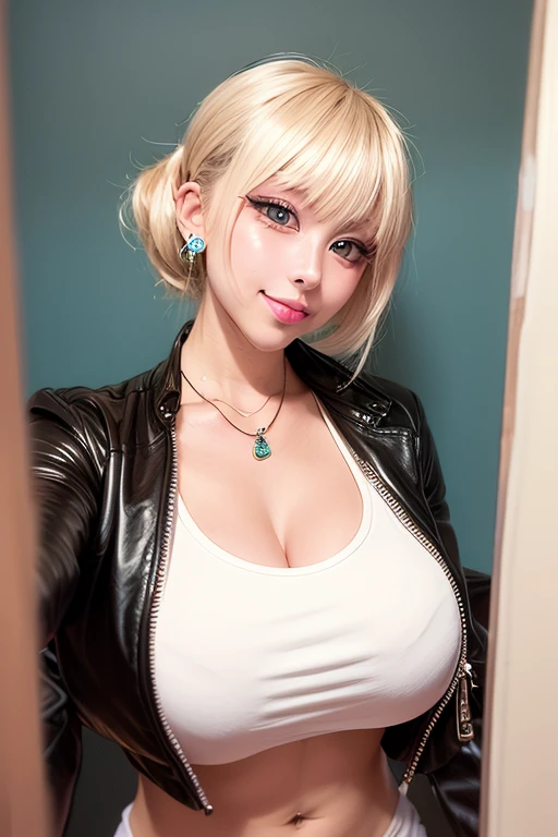 1 girl, simple background, Beautiful face, blonde hair, Cute, bimbolips, huge dimples on the lips, cheekbones, selfie, bang, high ponytail, blonde, Eyeliner, eyeshadow, in room, one hand selfie, necklace, earrings rings, head tilt, in a leather jacket