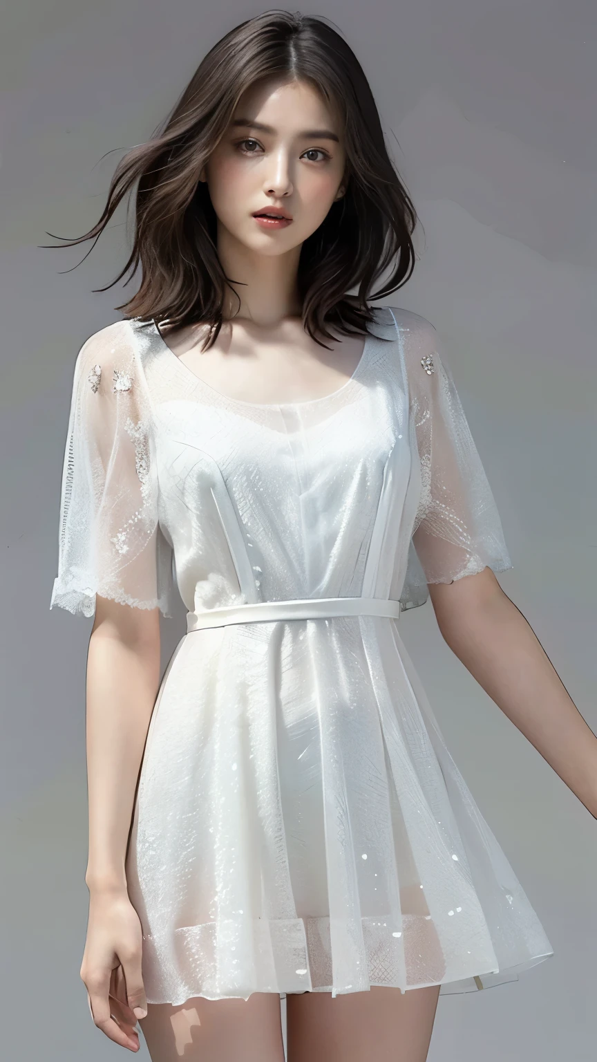 Highest quality,masterpiece,Ultra-high resolution,(Actual:1.4),Original photo,Ultra-high resolution，8K，There are also women，Fair skin、Transparent short-sleeved one-piece white dress
Long legs:1.5，Bright and beautiful，high waist，Flashy makeup，Gray background，