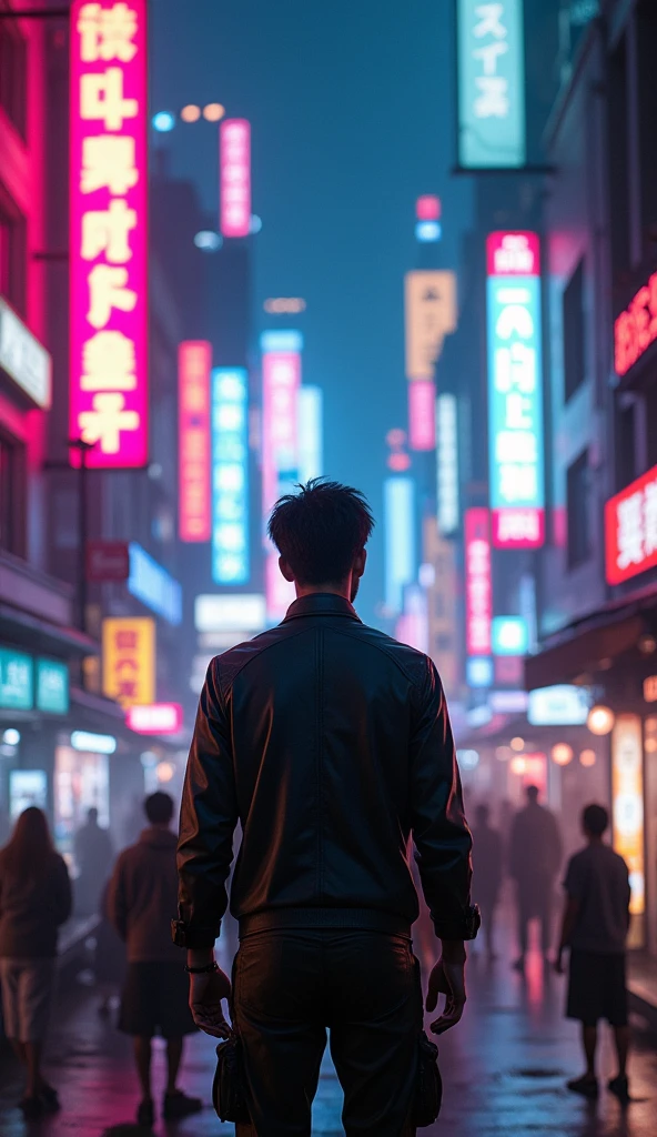 A cyberpunk city street scene with full of neon lights, and futuristic buildings, featuring a man back view from rooftop. The atmosphere is vibrant and bustling with people in high-tech attire, high resolution, captured in crisp detail, The background features a neon-lit cityscape, giving the cyberpunk atmosphere a touch of intimacy and tenderness, eye-level camera angle --s 250 --v 6.0 --no 3D effect, photorealistic.