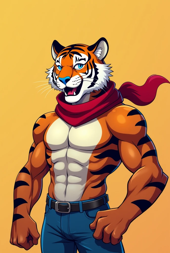 Tiger, furry, tony, zucaritas, adult, y, bara, muscle ,flat background, (soft shading), 8k, masterpiece, half body eyes blue, nose blue, scarf short red, anime style, gay