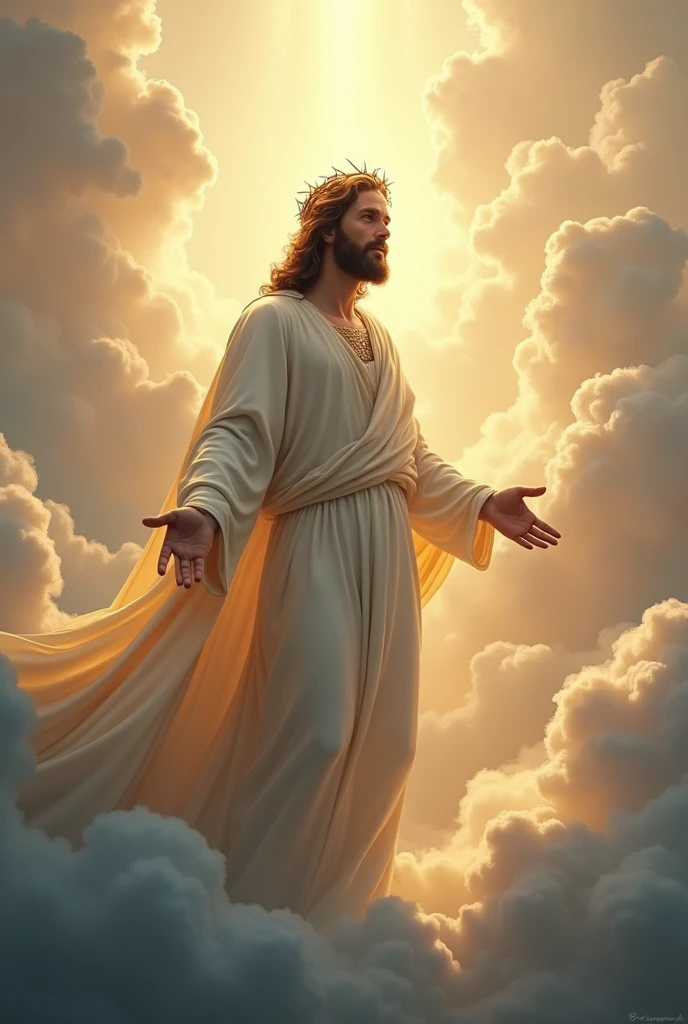 "Jesus, crowned with thorns, majestic and serene, stands high in the clouds of heaven. His gaze is one of compassion and wisdom, directed toward the Earth. The scene is enveloped in a heavenly luminosity, with soft clouds and rays of light highlighting His presence. The background is a vast and ethereal sky, conveying a sense of peace and spirituality."