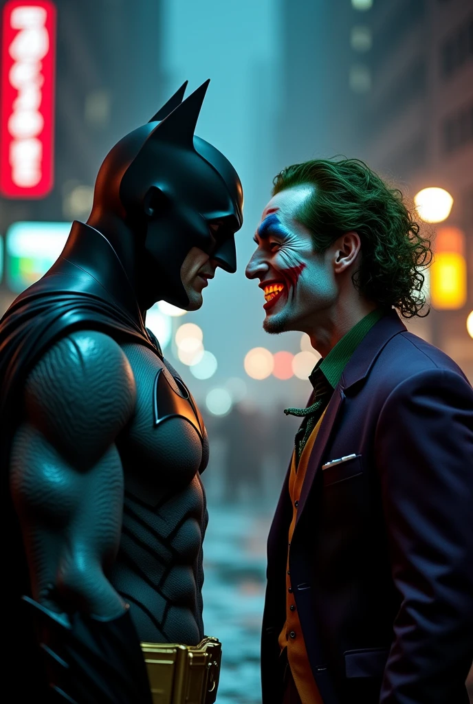 Batman and joker stare down close-up